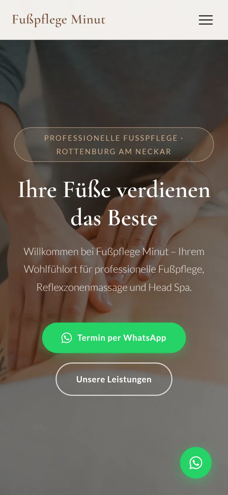 Fußpflege Minut: landing page pentru salon de wellness din Germania, versiune mobil