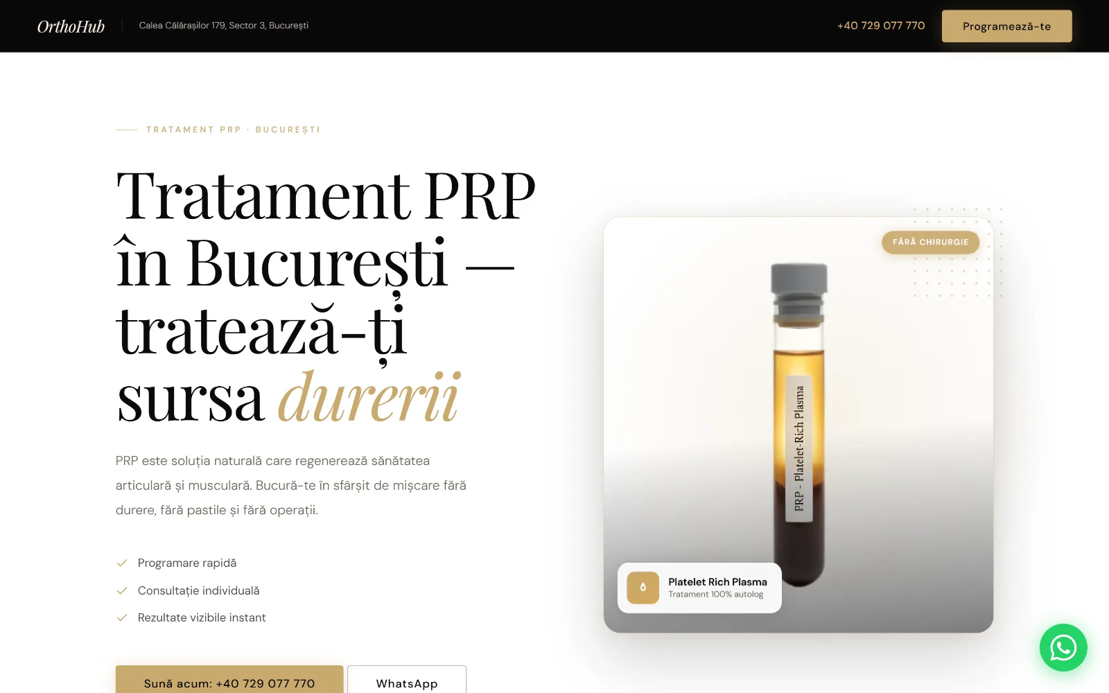 OrthoHub: landing page pentru tratament PRP, Dr. Vadim Bîrca