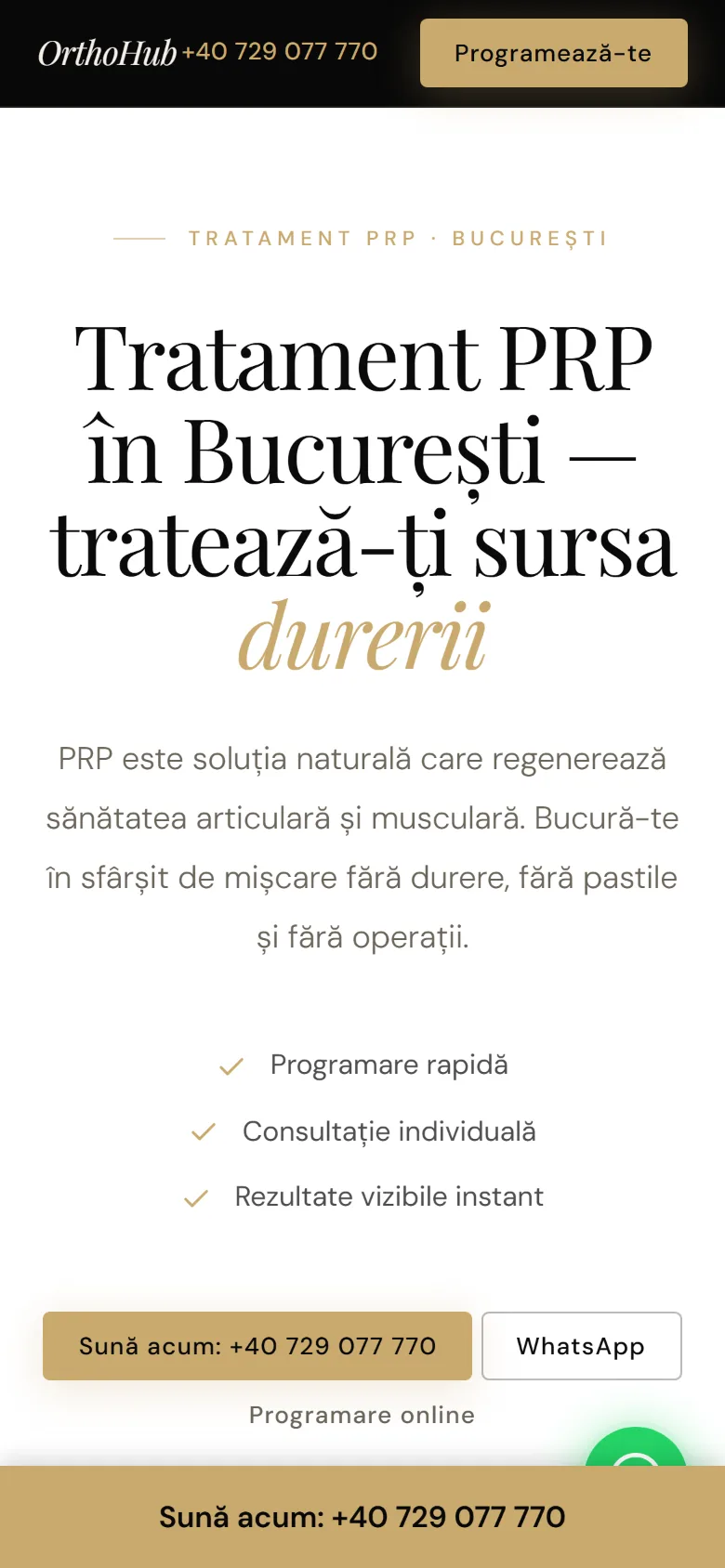 OrthoHub: landing page pentru tratament PRP, Dr. Vadim Bîrca, versiune mobil